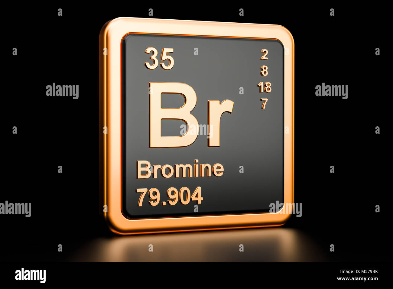 Le brome Br, élément chimique. Le rendu 3D isolé sur fond noir Banque D'Images