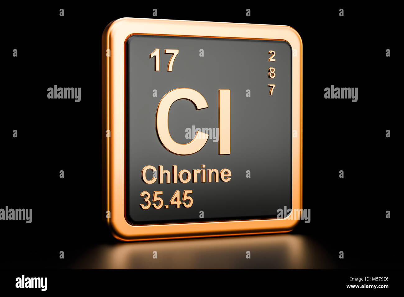 Le chlore Cl, élément chimique. Le rendu 3D isolé sur fond noir Banque D'Images