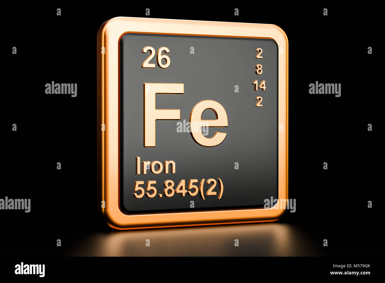 Ferrum, le fer Fe élément chimique. Le rendu 3D isolé sur fond noir Banque D'Images