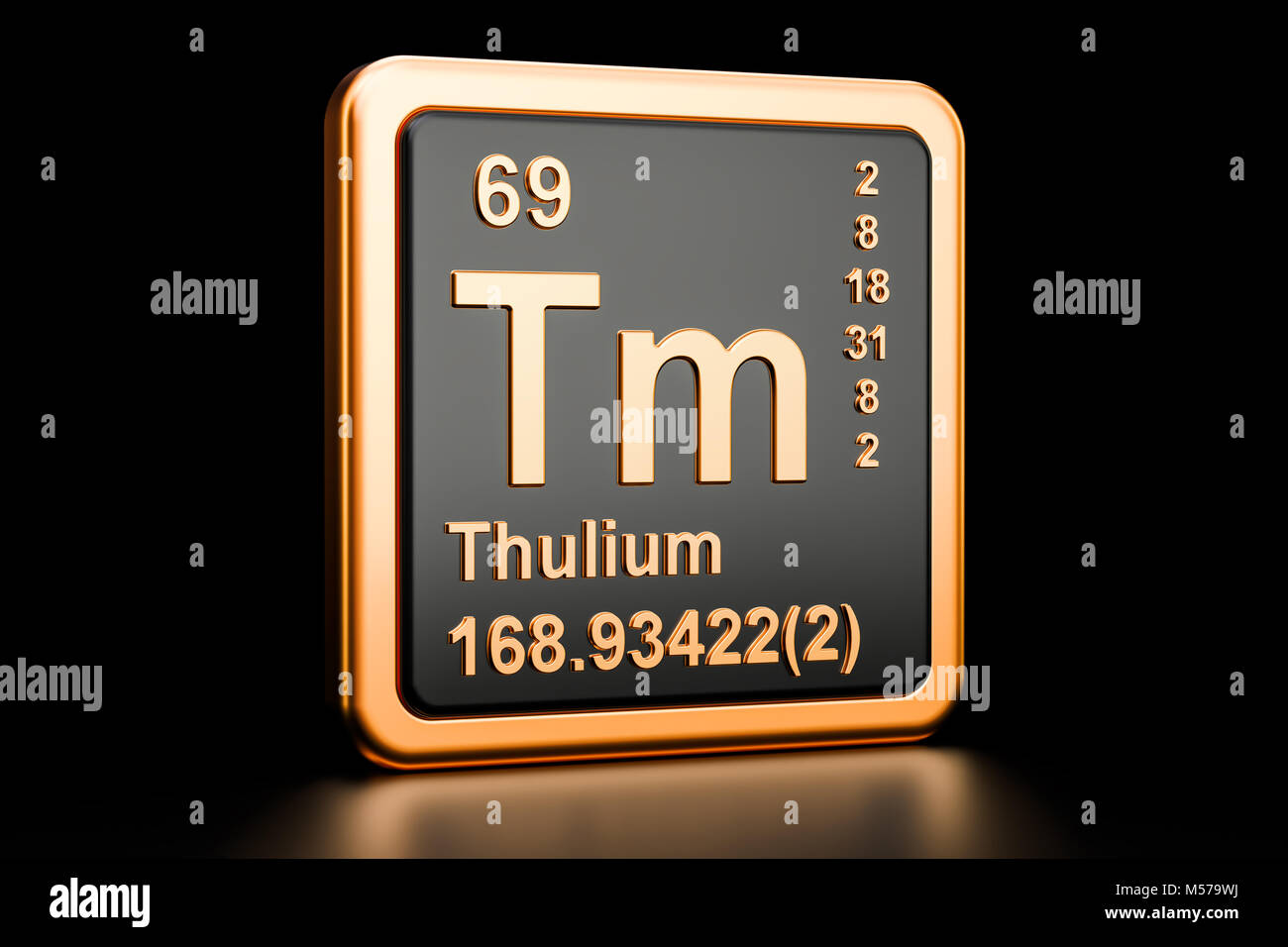Le thulium Tm, élément chimique. Le rendu 3D isolé sur fond noir Banque D'Images