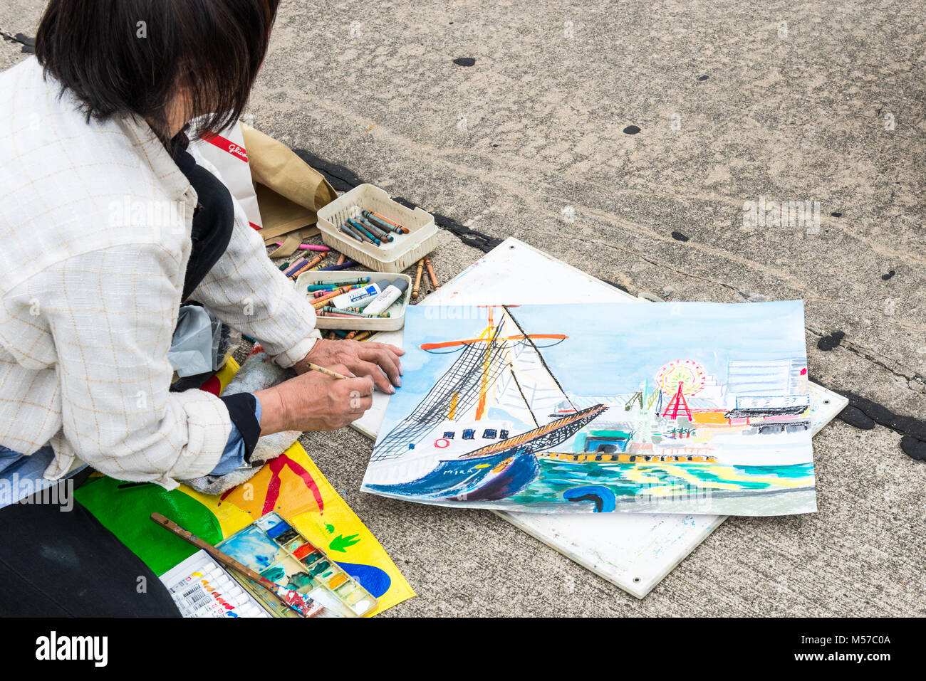Peinture une vue sur le port de port Kobe, Japon Banque D'Images
