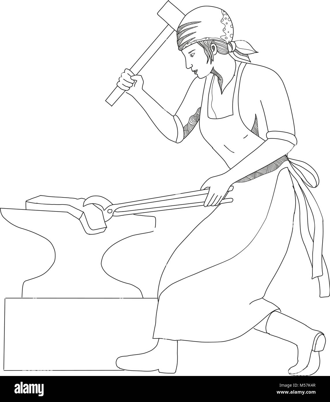 Doodle art illustration d'un forgeron ou femelle métal forgeage orfèvre à l'aide d'un marteau et d'un holding l'acier avec une pince sur enclume fait en mandala s Illustration de Vecteur