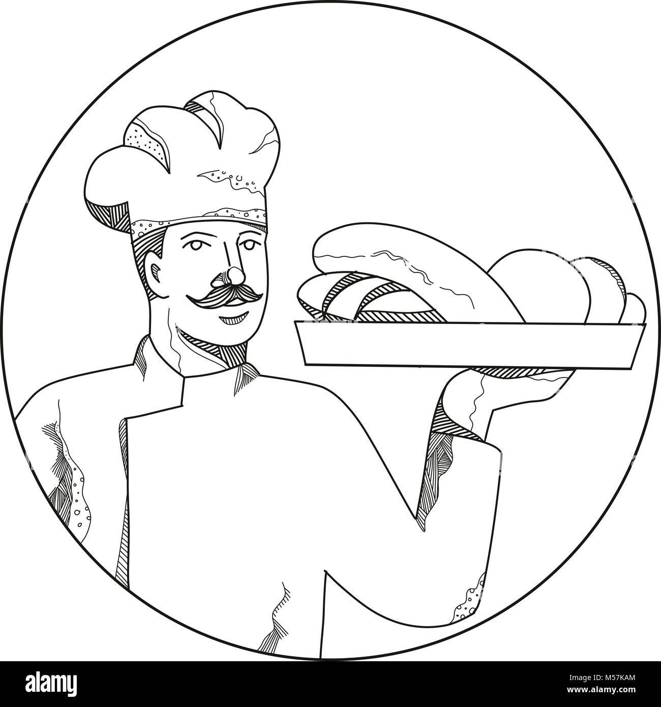 Doodle art illustration d'un boulanger ou pâtissier tenant une assiette de pain mis à l'intérieur du cercle fait en style de mandala. Illustration de Vecteur