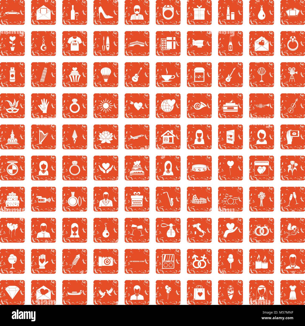 Mariage 100 icons set grunge orange Illustration de Vecteur