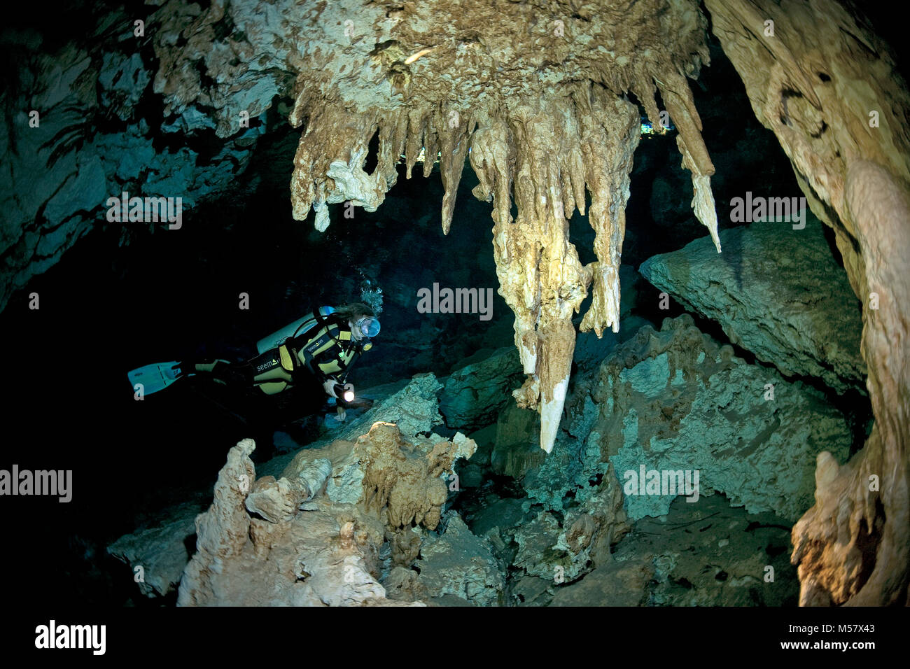 L'intérieur du plongeur spéléo, Cenotes Dos Ojos Cenote, Tulum, Yucatan, Quintana Roo, Mexique, Caraïbes Banque D'Images