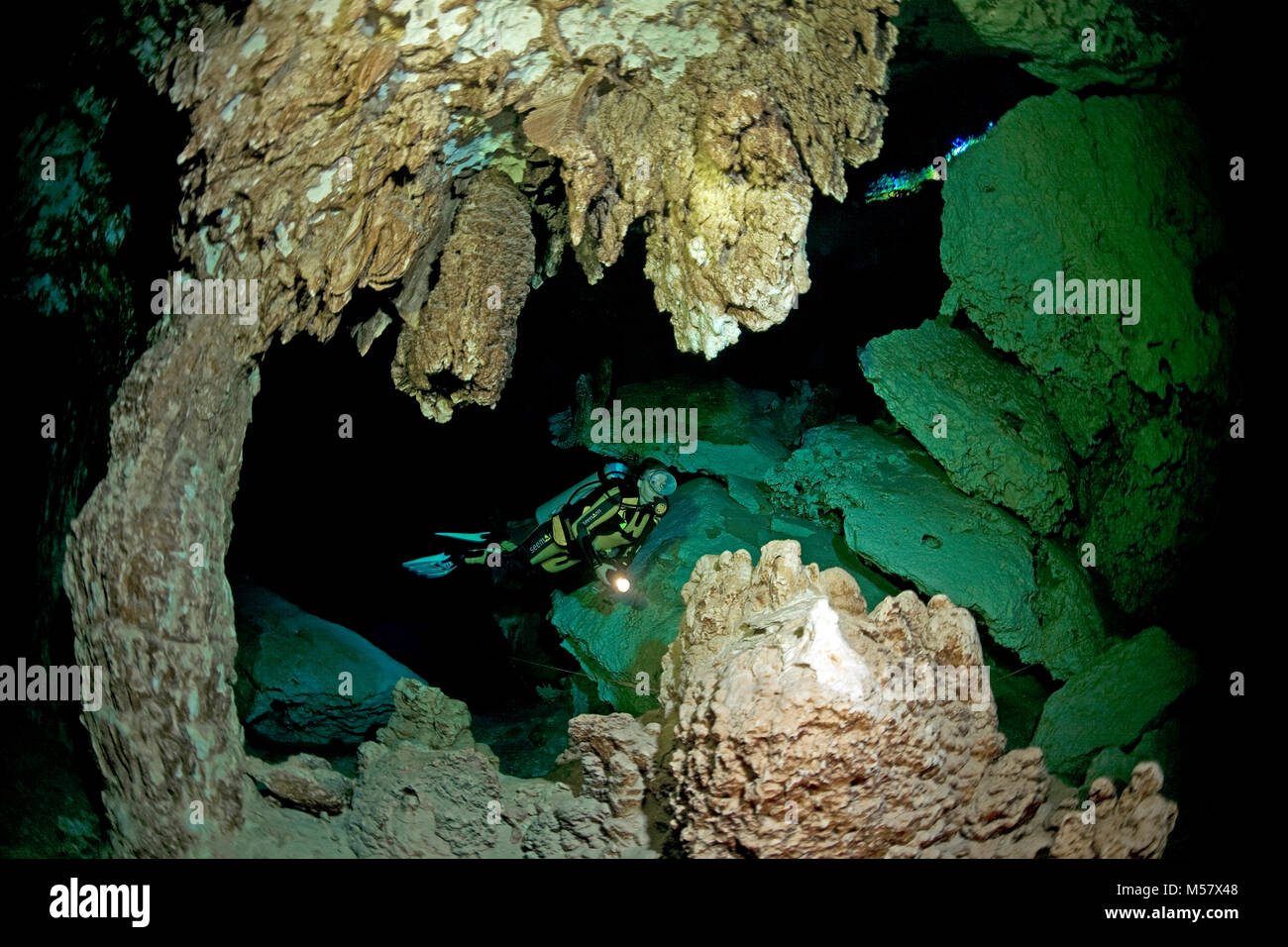 L'intérieur du plongeur spéléo, Cenotes Dos Ojos Cenote, Tulum, Yucatan, Quintana Roo, Mexique, Caraïbes Banque D'Images