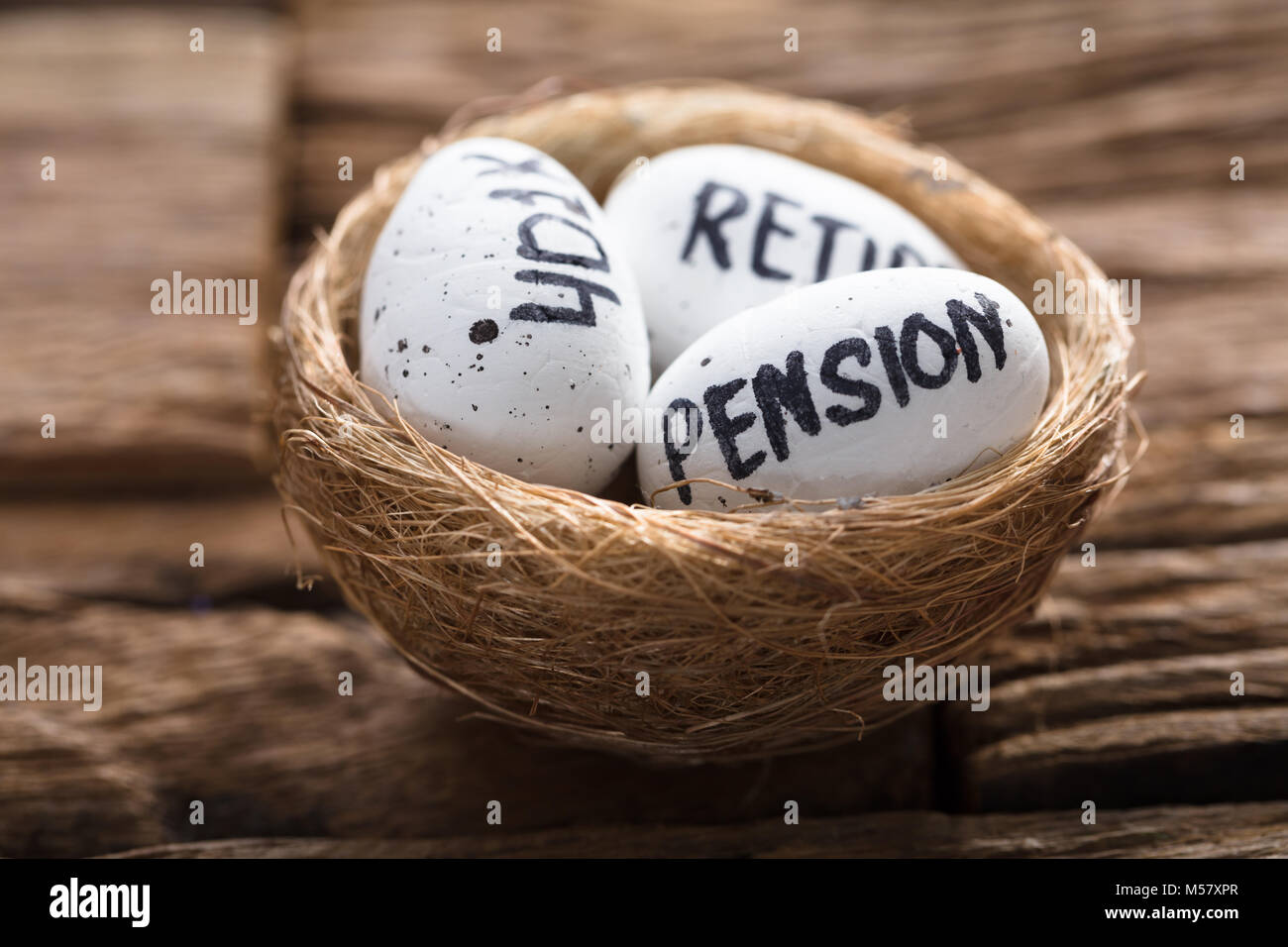 Pension de retraite et 401K written on white oeufs dans le nid sur bois Banque D'Images