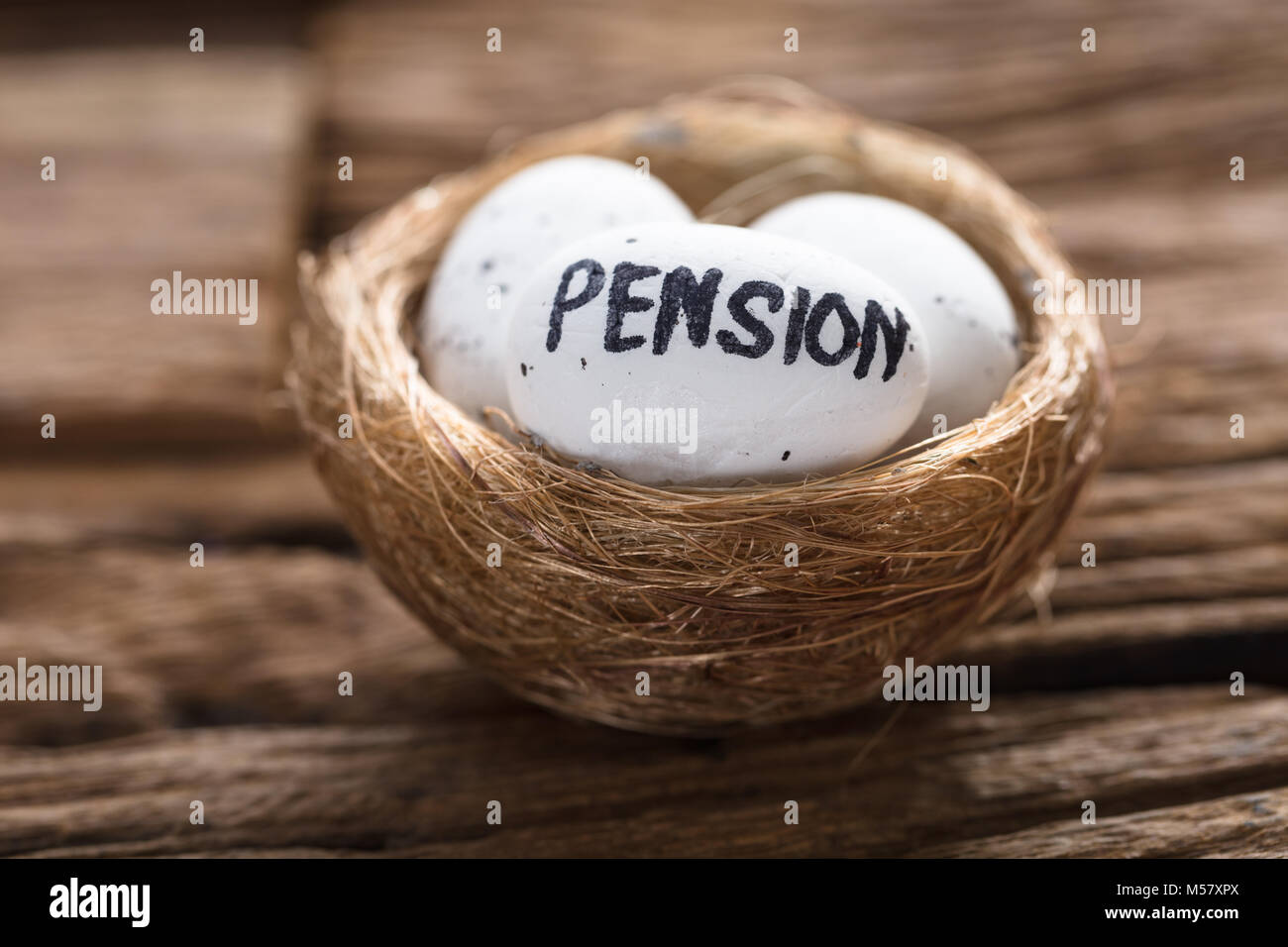 Gros plan du écrit sur pension egg in nest blanc sur bois Banque D'Images