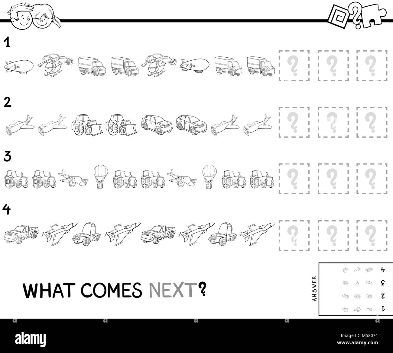 Cartoon noir et blanc Illustration de remplir le modèle jeu éducatif pour les enfants d'âge préscolaire avec les véhicules de transport Coloring Book Illustration de Vecteur