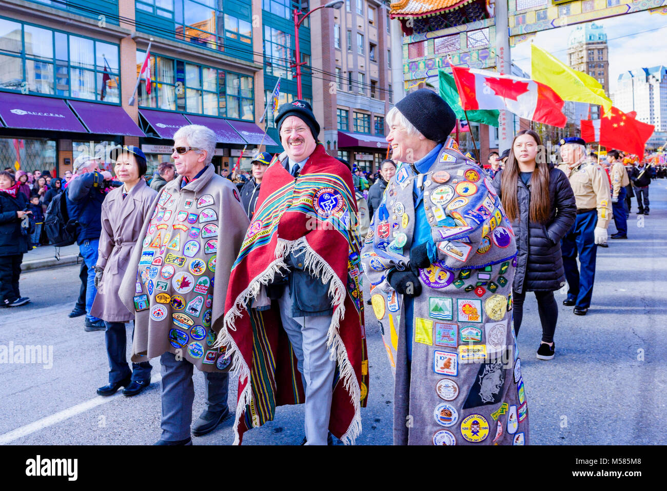 Baden Powell Guild, Parade du Nouvel An lunaire chinois, Chinatown, Vancouver, Colombie-Britannique, Canada. Banque D'Images