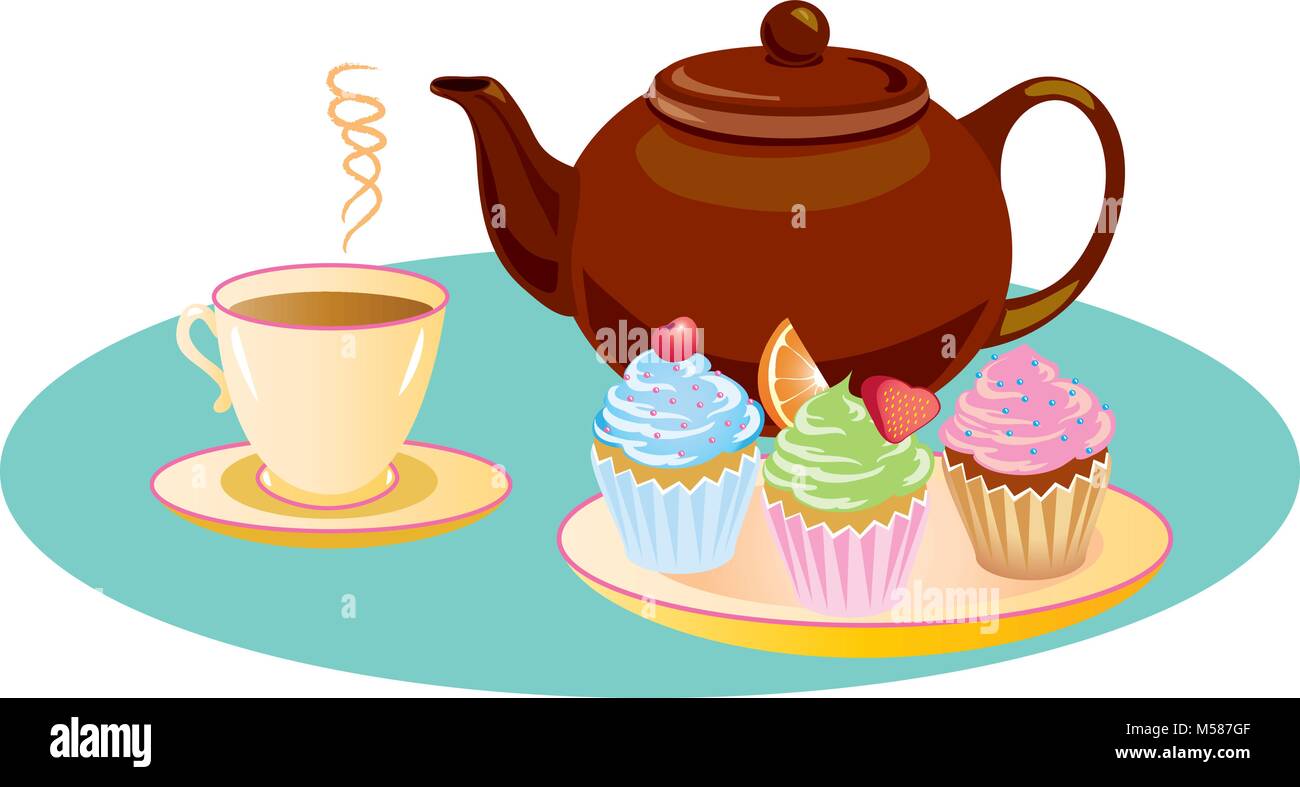 Après-midi du thé avec des petits gâteaux glacés de sucre et une tasse de thé rafraîchissante chaud Illustration de Vecteur