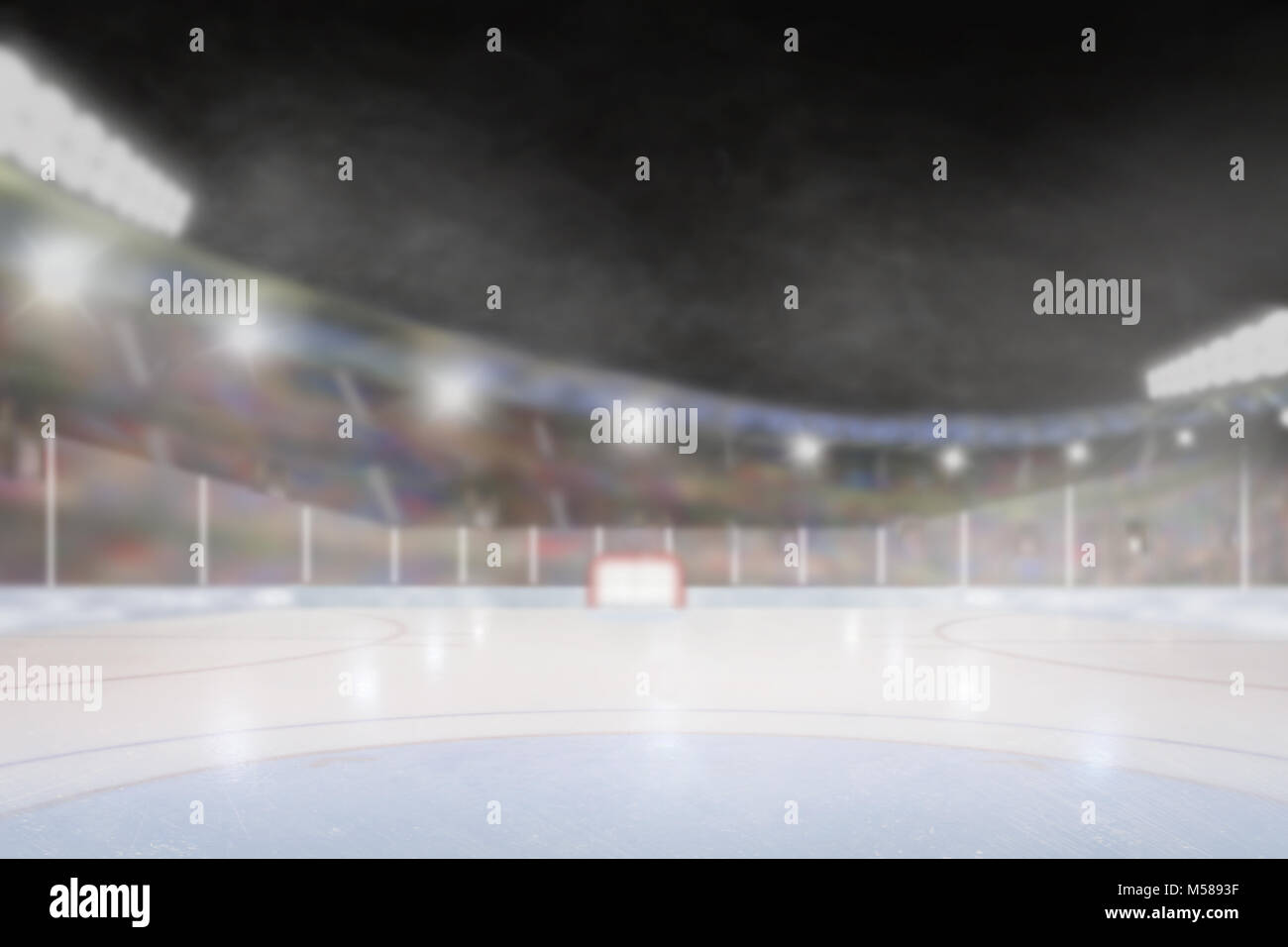 Pièce lumineuse piscine patinoire de hockey sur glace arena avec accent sur l'avant-plan et profondeur de champ sur l'arrière-plan. Lens flare délibérée et copiez l'espace. Banque D'Images