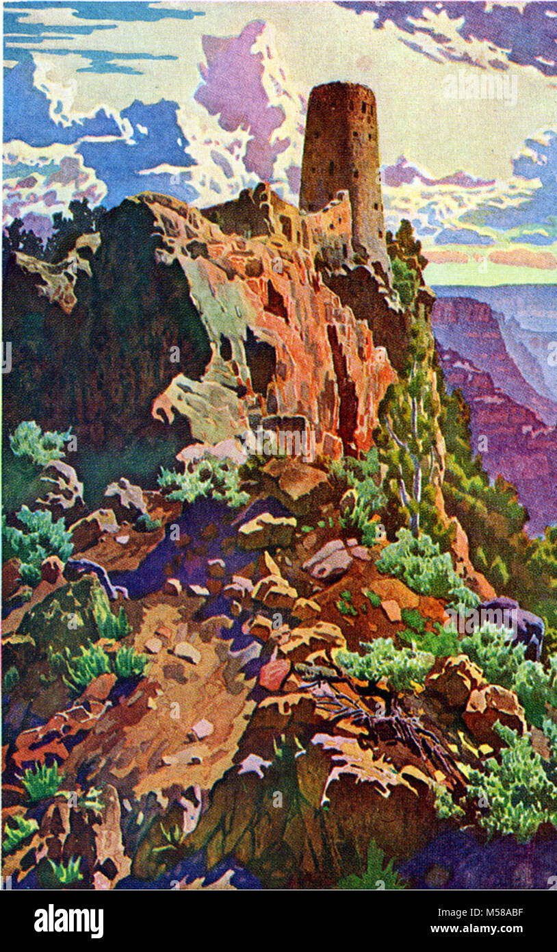 Grand Canyon Nat Park Carte Postale Widforss H. un ver vue d'ensemble de la tour de guet, construite comme l'homme préhistorique a peut-être construit, au bord de la paroi du canyon, laissant l'altération naturelle des formes Pierre Canyon dicter la nature de la maçonnerie. La tour de guet, conçu pour le confort et la commodité du voyageur, s'étend jusqu'à l'ultime titanic le panorama de canyon, désert et forêt qui Desert View Point commandes. L'une des 10 cartes postales du Grand Canyon à partir de peintures de Gunnar Widforss publié en 1932 par Fred Harvey. Banque D'Images