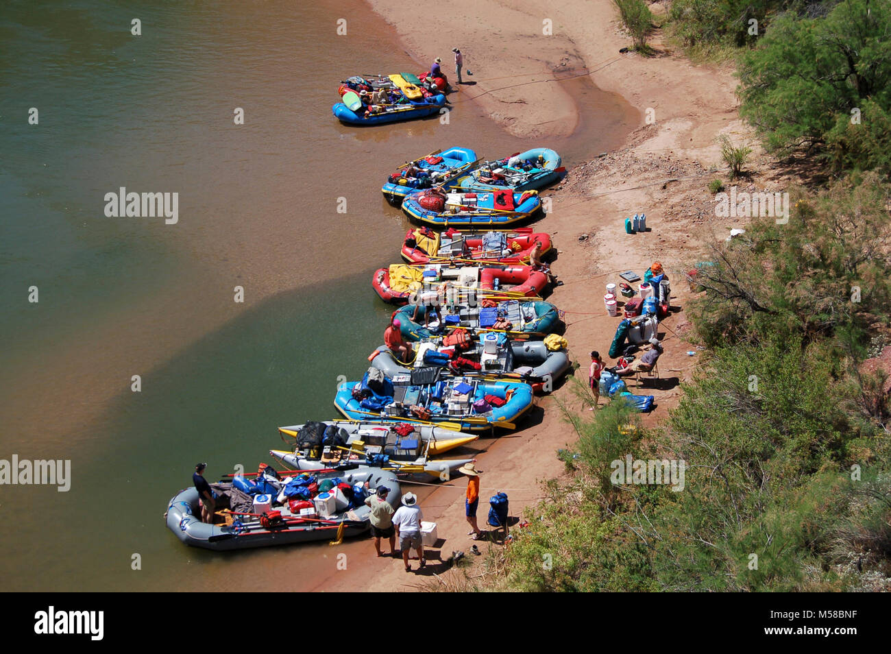 Le Parc National du Grand Canyon Phantom Ranch Voile Beach . Voile Beach à Phantom Ranch (88.1 km Rivière) vu de la Kaibab Trail, juste à l'ouest de la pont Noir. Les excursions sur la rivière Grand Canyon en tirer ici pour obtenir de l'eau potable et d'échanger des passagers. Situé à 100 mètres de voile beach, près de l'eau robinets, les conditions météorologiques et l'écoulement de l'eau bulletins sont affichés sur un babillard. Phantom Ranch est un 1/2 mile (0,81 km) à pied jusqu'Bright Angel Creek. NPS Banque D'Images