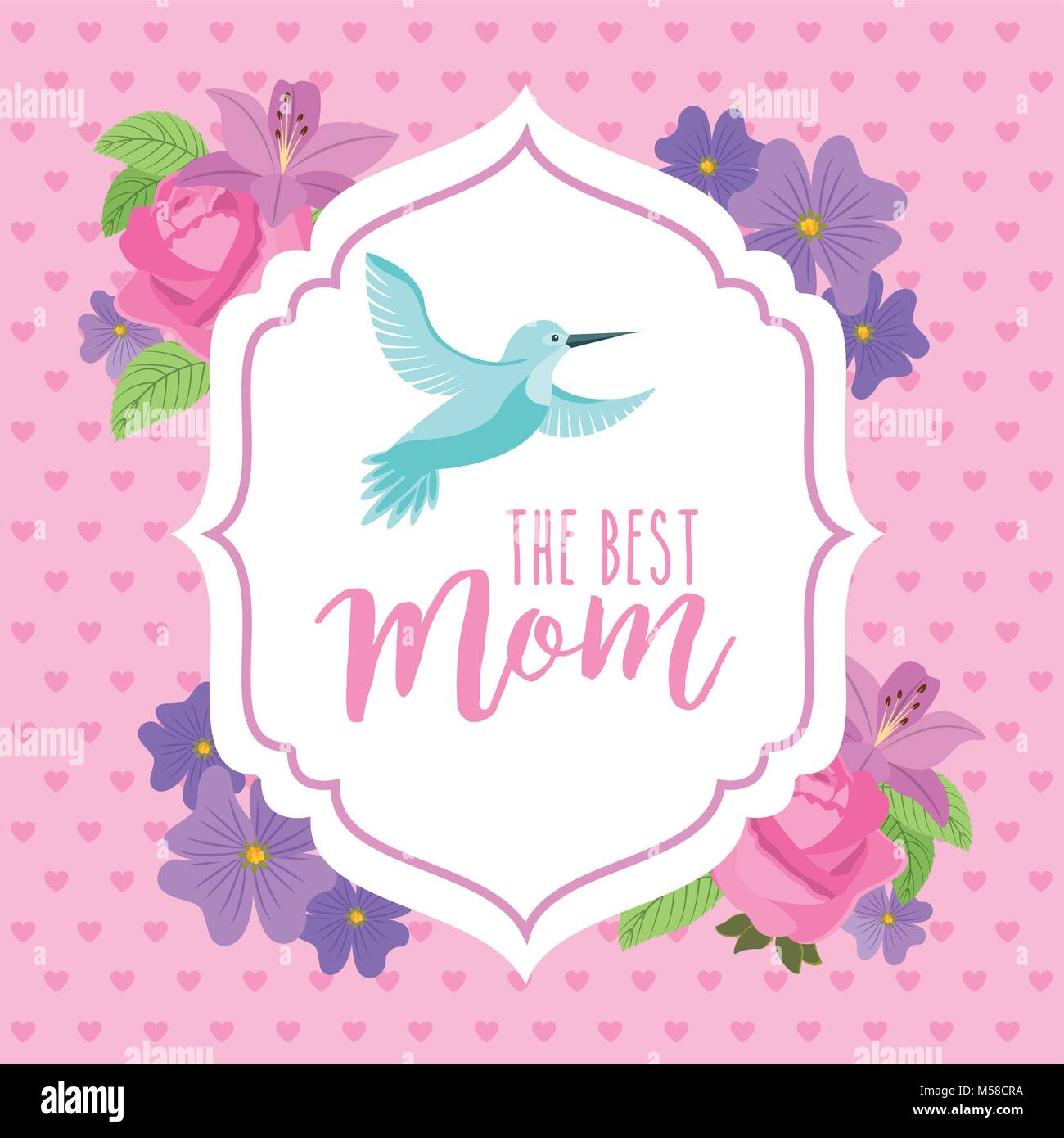 Vintage label bird fly décoration fleurs et meilleure maman romantique Illustration de Vecteur