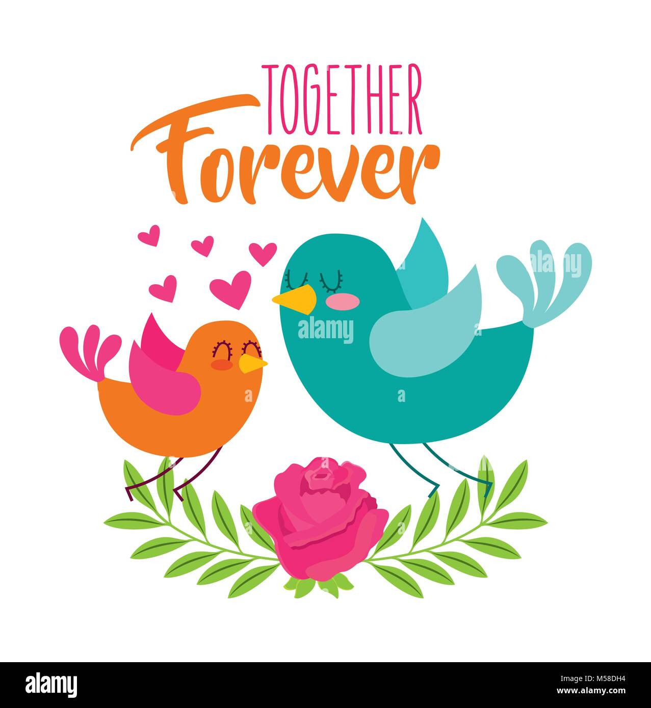 Ensemble pour toujours l'amour des oiseaux des fleurs coeurs Illustration de Vecteur