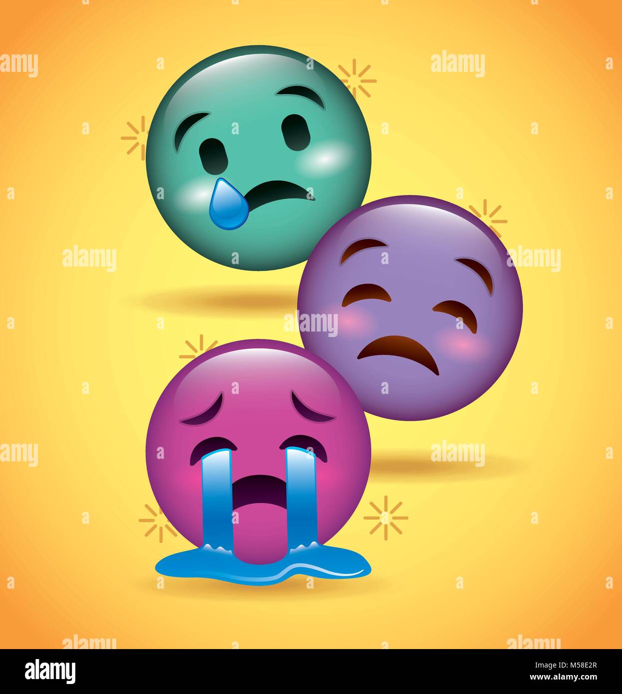 Trois sourires pleurer emoji expression triste Illustration de Vecteur