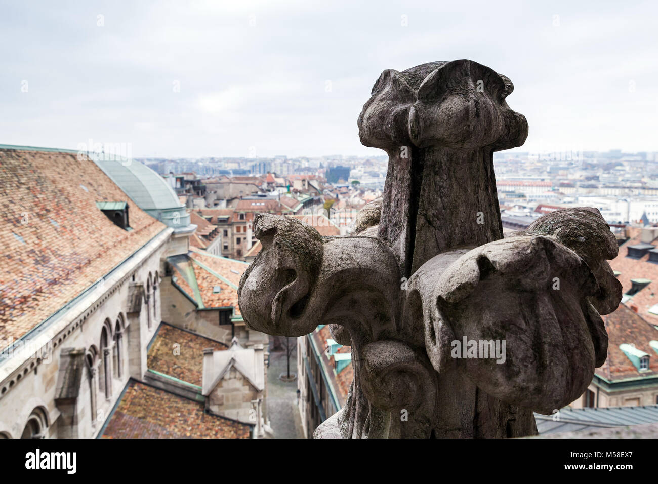 L'élément de décoration en pierre sur le toit de la cathédrale Saint-Pierre, Genève, Suisse Banque D'Images