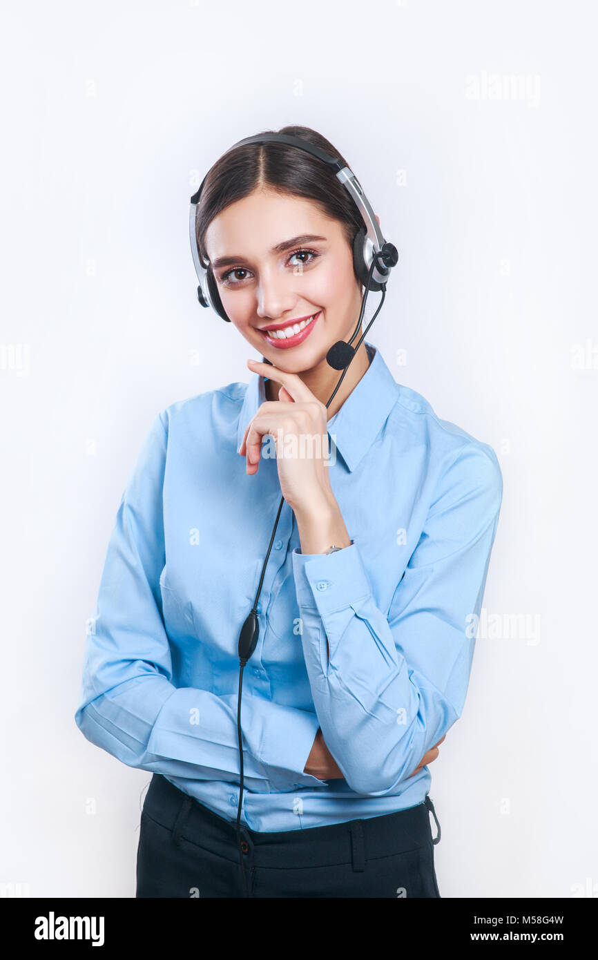 Femme service à la clientèle, centre d'appel du travailleur en souriant avec casque téléphonique de l'opérateur Banque D'Images