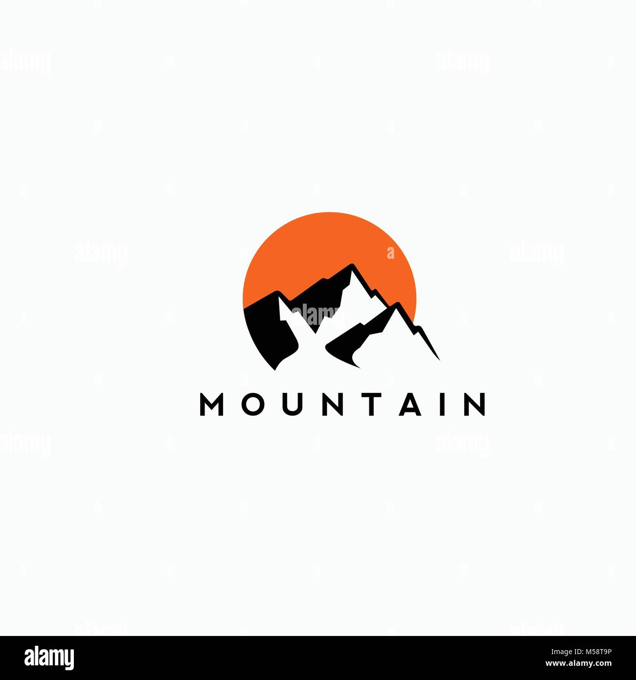 Coucher du soleil et la montagne logo en noir et orange . Illustration de Vecteur