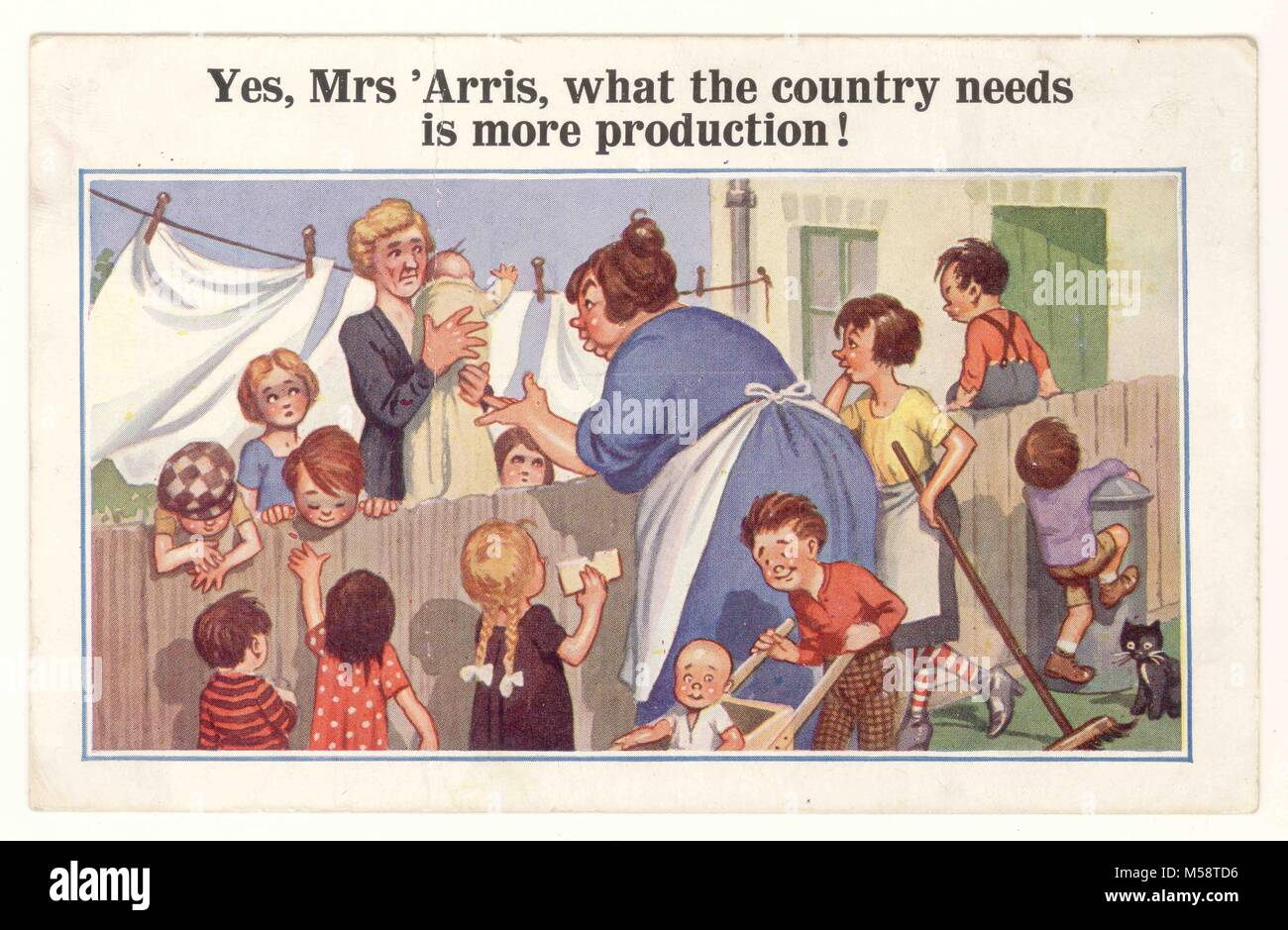 Carte postale comique de l'ère WW2 -' ce dont le pays a besoin est plus de production' imprimée à Londres, probablement en réponse à la propagande gouvernementale exhortant le pays à produire plus sur le front intérieur, vers 1939, Royaume-Uni Banque D'Images