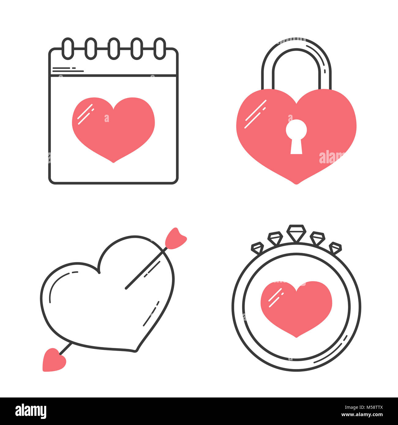 Icônes de ligne de cœur - calendrier, verrou, la flèche de Cupidon et anneau, eps10 vector illustration Banque D'Images