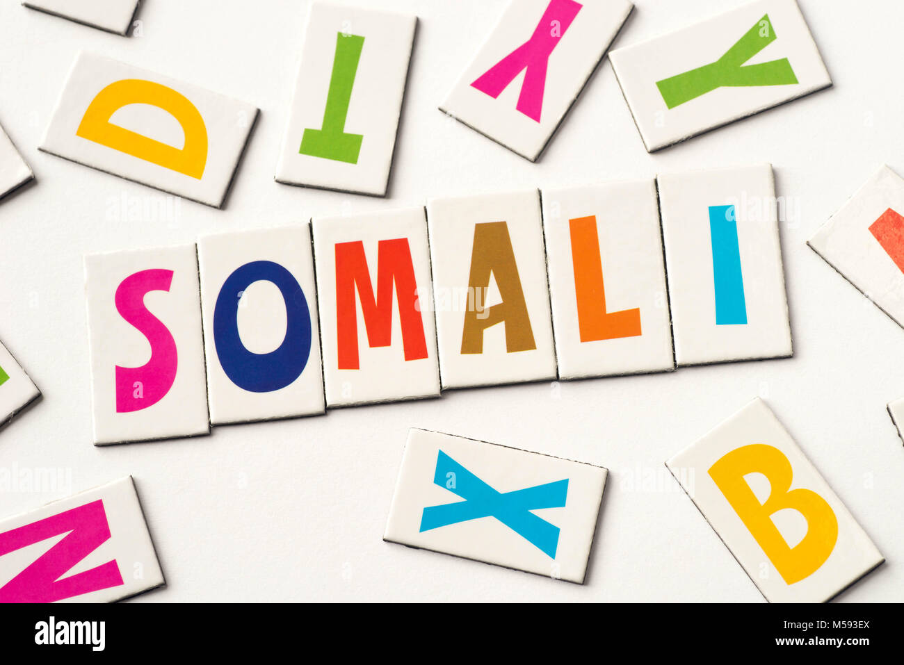 Mot de somalis lettres colorées sur fond blanc Banque D'Images