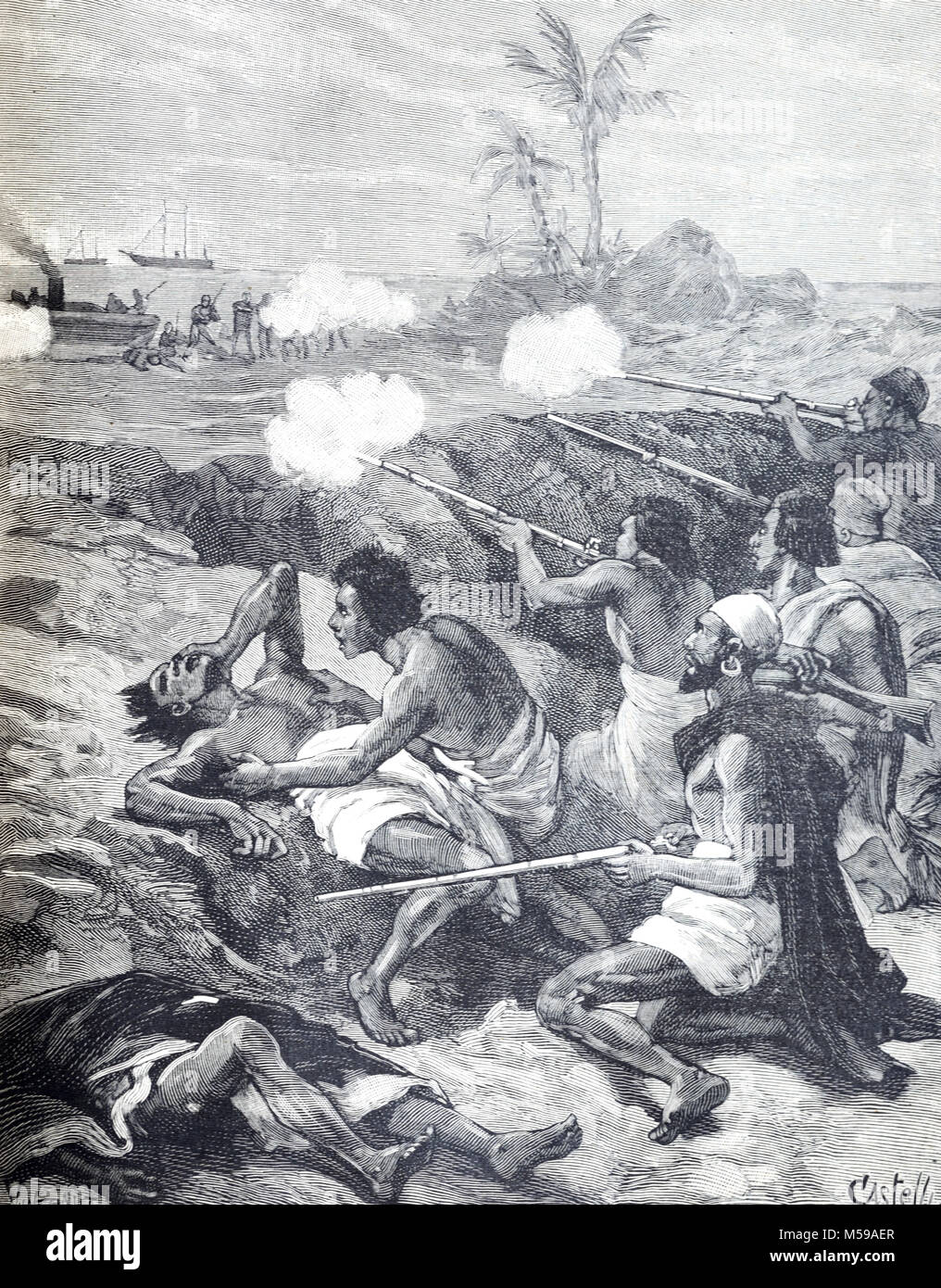 Les Allemands attaquent Dar-es-Salaam à la fin des années 1880 lorsque l'armée allemande réprima une insurrection contre les activités de la société de l'Afrique de l'Est Allemand. La compagnie a établi un poste de traite à Dar es Salaam, Tanzanie, en 1887 (gravure, 1889) Banque D'Images