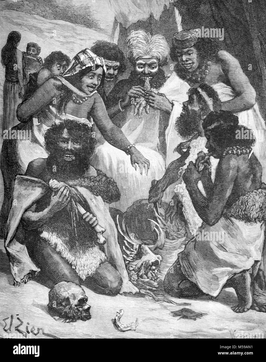 Les populations aborigènes ou autochtones présentés comme des cannibales dans le Queensland en Australie (gravure, 1889) Banque D'Images