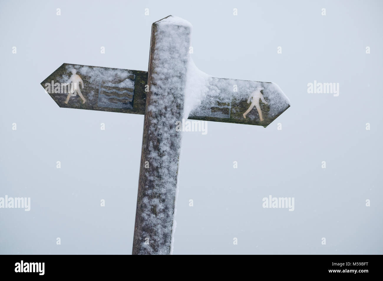 Balades d'hiver : une en bois recouvert de neige fingerpost sign post sur le sentier littoral Cerdigion à Aberystwyth, Pays de Galles UK Banque D'Images