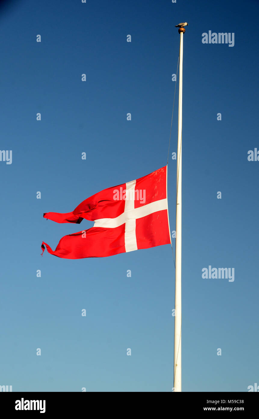 Le drapeau danois Dannebrog sur berne Banque D'Images