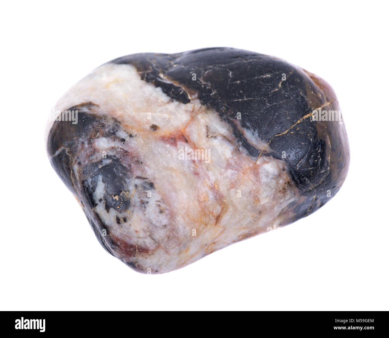 Multicolore poli River Rock Pebble Stone isolé sur fond blanc Banque D'Images