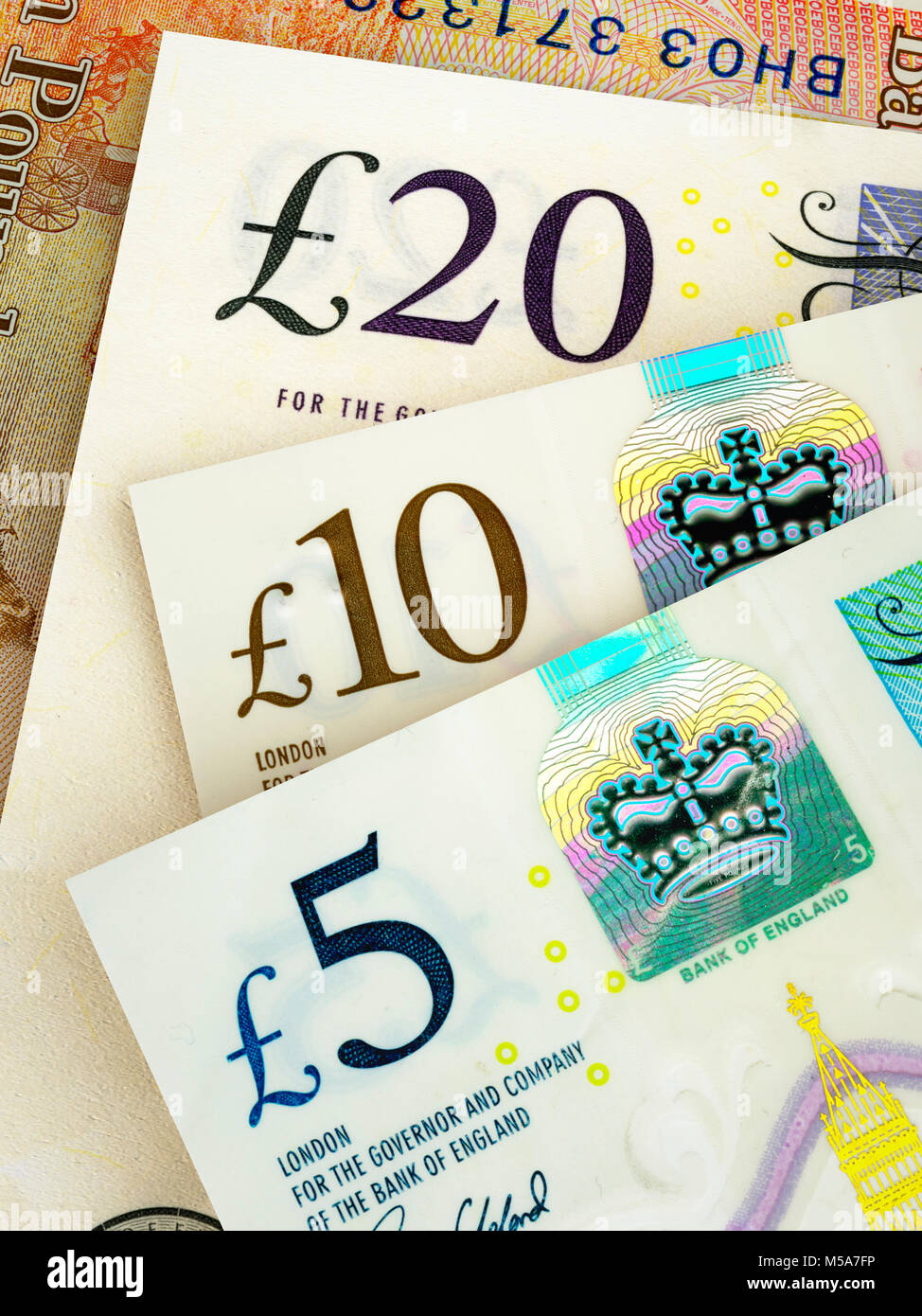 Monnaie en papier en sterling, Royaume-Uni - 2017 billets de £20, £10 et £5 en gros plan Banque D'Images