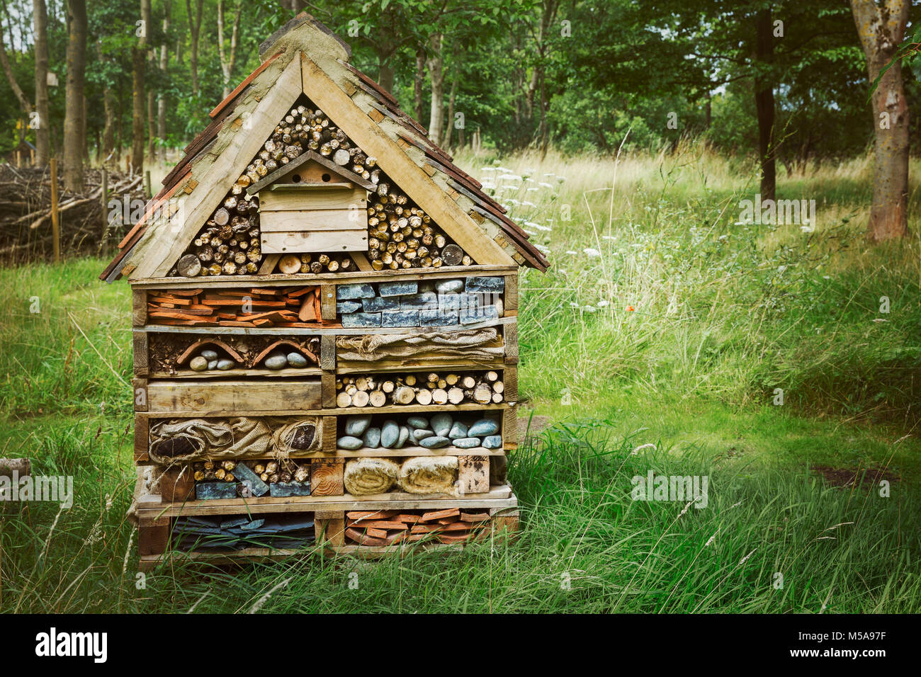Gros bug maison de plusieurs couches de différents matériaux sur une pelouse. Banque D'Images