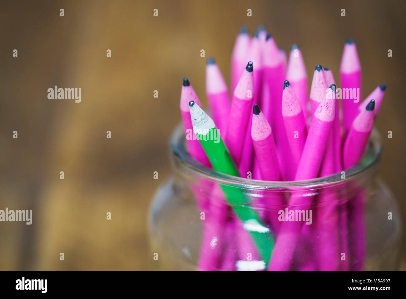Close up de pot avec bouquet de rose lumineux couverts crayons et un seul vert. Banque D'Images