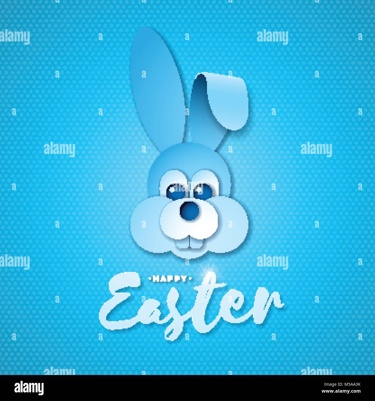 Vector Illustration de Joyeuses Pâques Vacances avec belle Face de lapin et de lettrage main typographie sur fond bleu. Célébration internationale pour la conception de carte de Vœux, Invitation à une fête ou Bannière Promo. Illustration de Vecteur