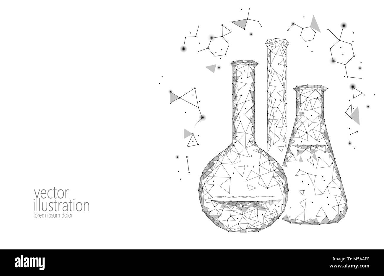 La science poly faible des flacons de verre chimique. L'équipement magique triangle polygonale monochrome blanc gris recherche abstraite la future technologie business medicine concept vector illustration Illustration de Vecteur