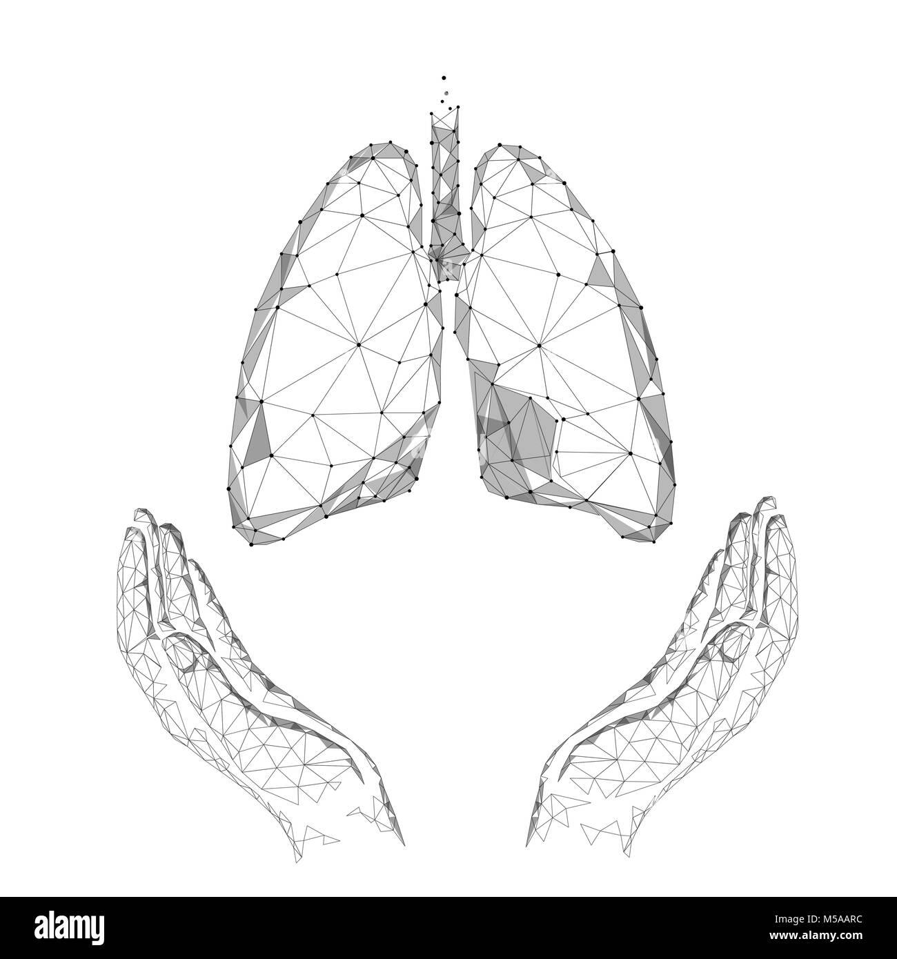 L'affiche de la Journée mondiale de la tuberculose dans les poumons humains mains fond blanc. La sensibilisation à la tuberculose au centre de médecine de soins de santé. Le jour de solidarité médicale faible concept triangle polygonale poly ligne. Vector illustration. Illustration de Vecteur
