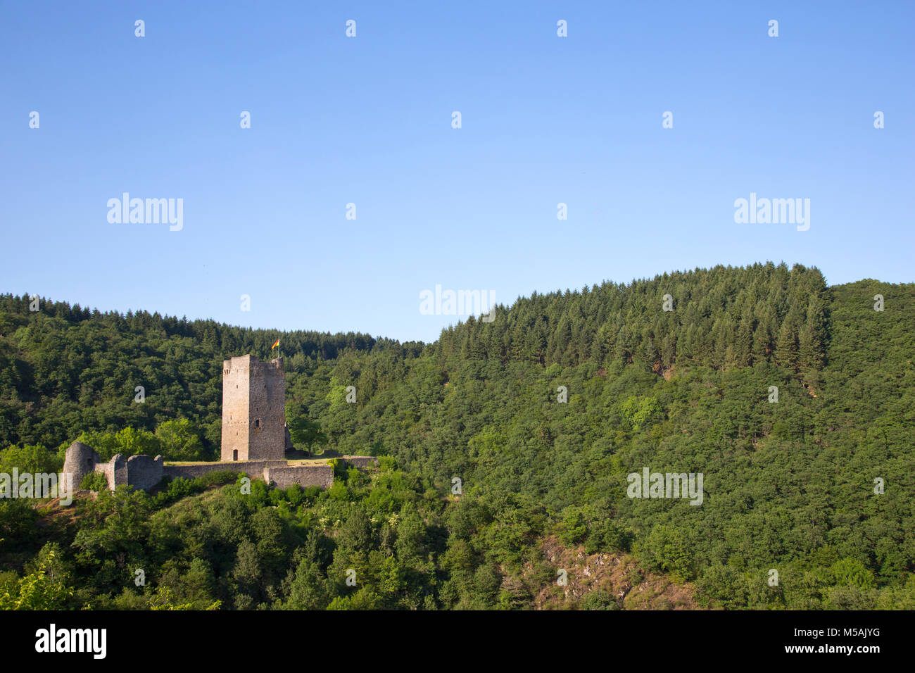 Une tour du château médiéval de Dietikon paysage pittoresque, entouré de forêts, Manderscheid, Allemagne. Banque D'Images