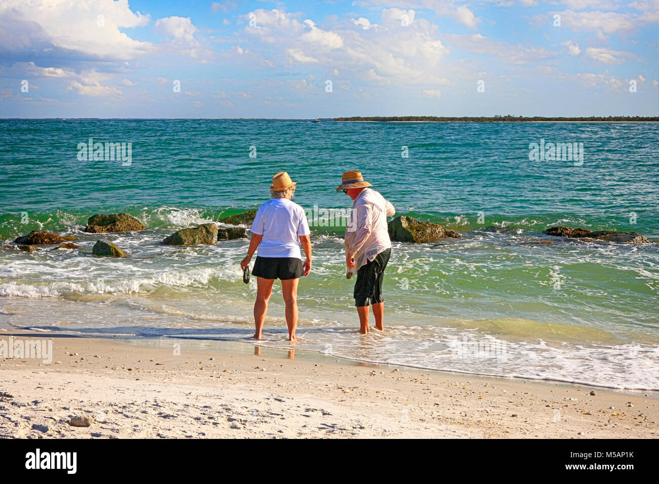 Dent de requin gens la chasse sur la plage à la pointe de Port Boca Grande en Floride, USA Banque D'Images
