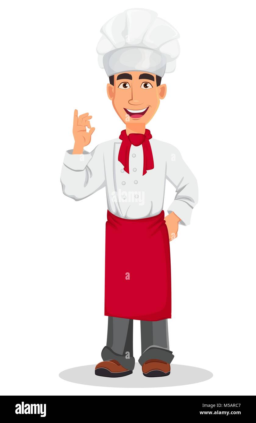 Jeune chef professionnel en uniforme et cook hat. Personnage montrant ok signe. Personnel du restaurant character design. Vector illustration Illustration de Vecteur