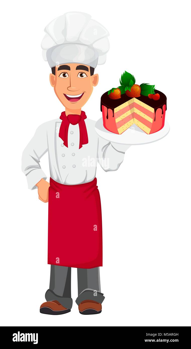 Jeune chef professionnel en uniforme et cook hat. Smiling cartoon character holding gâteau sucré avec du chocolat et des fraises. Personnel du restaurant le CCRVSI Illustration de Vecteur