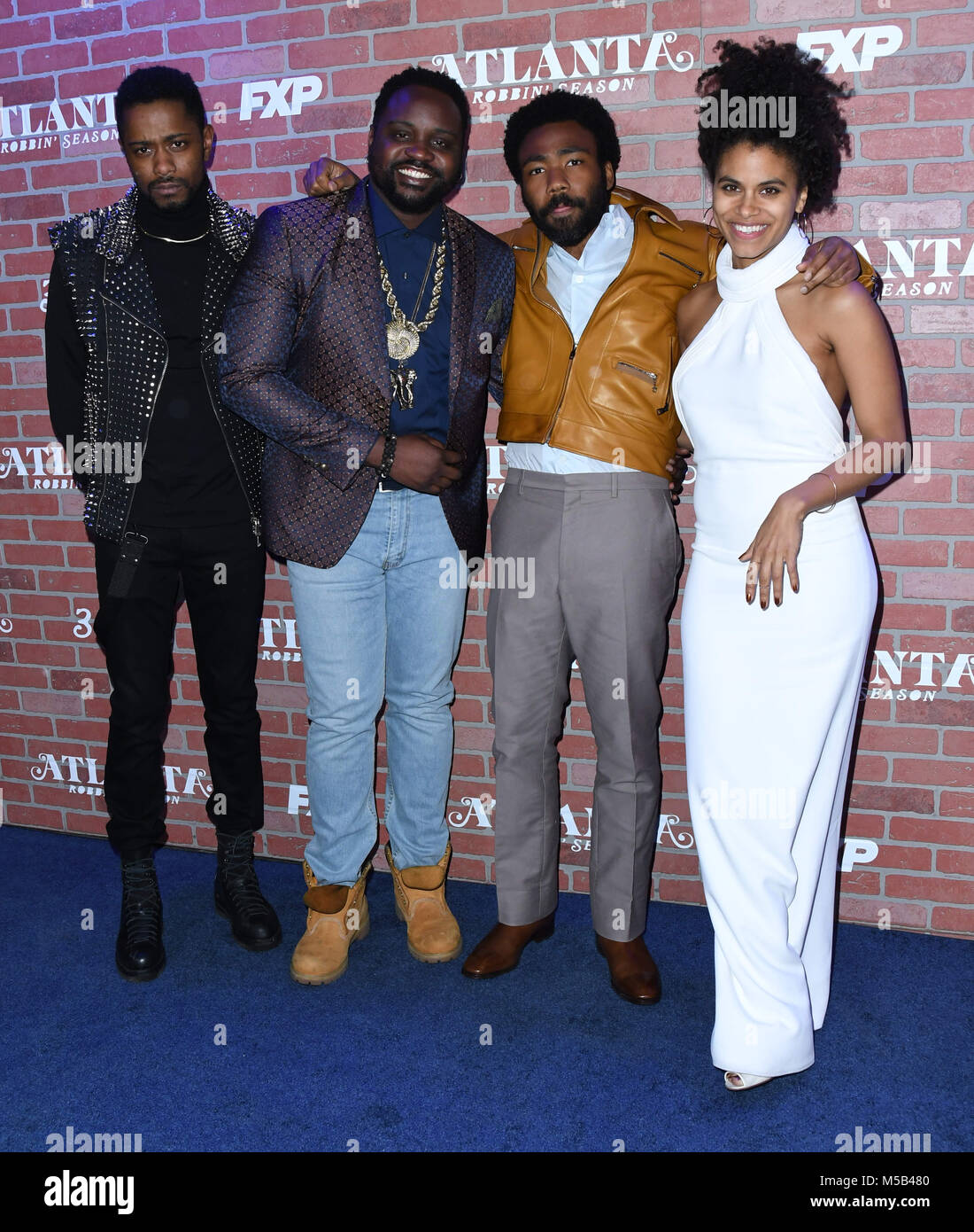 Los Angeles, CA, USA. Feb 19, 2018. 19 février 2018 - Los Angeles, Californie - Lakeith Stanfield, Brian Tyree Henry, Donald Glover, Zazie Beetz. FX's ''Atlanta Robbin' saison'' la premiere tenue à l'hôtel ACE. Crédit photo : Birdie Thompson/AdMedia Crédit : Birdie Thompson/AdMedia/ZUMA/Alamy Fil Live News Banque D'Images