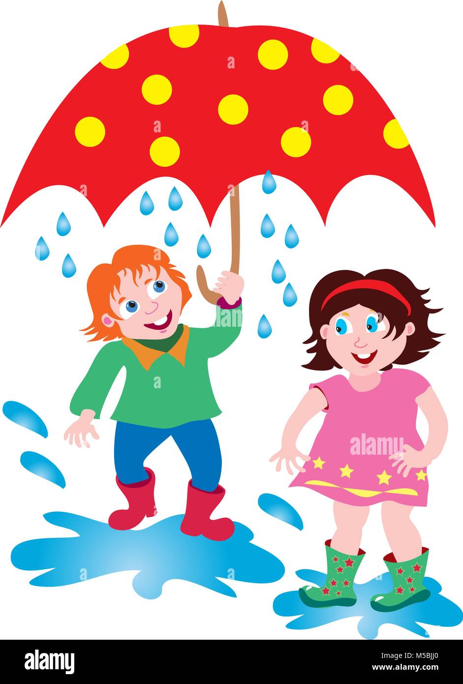 Un dessin animé garçon et fille sous la pluie avec un grand parapluie rouge Illustration de Vecteur