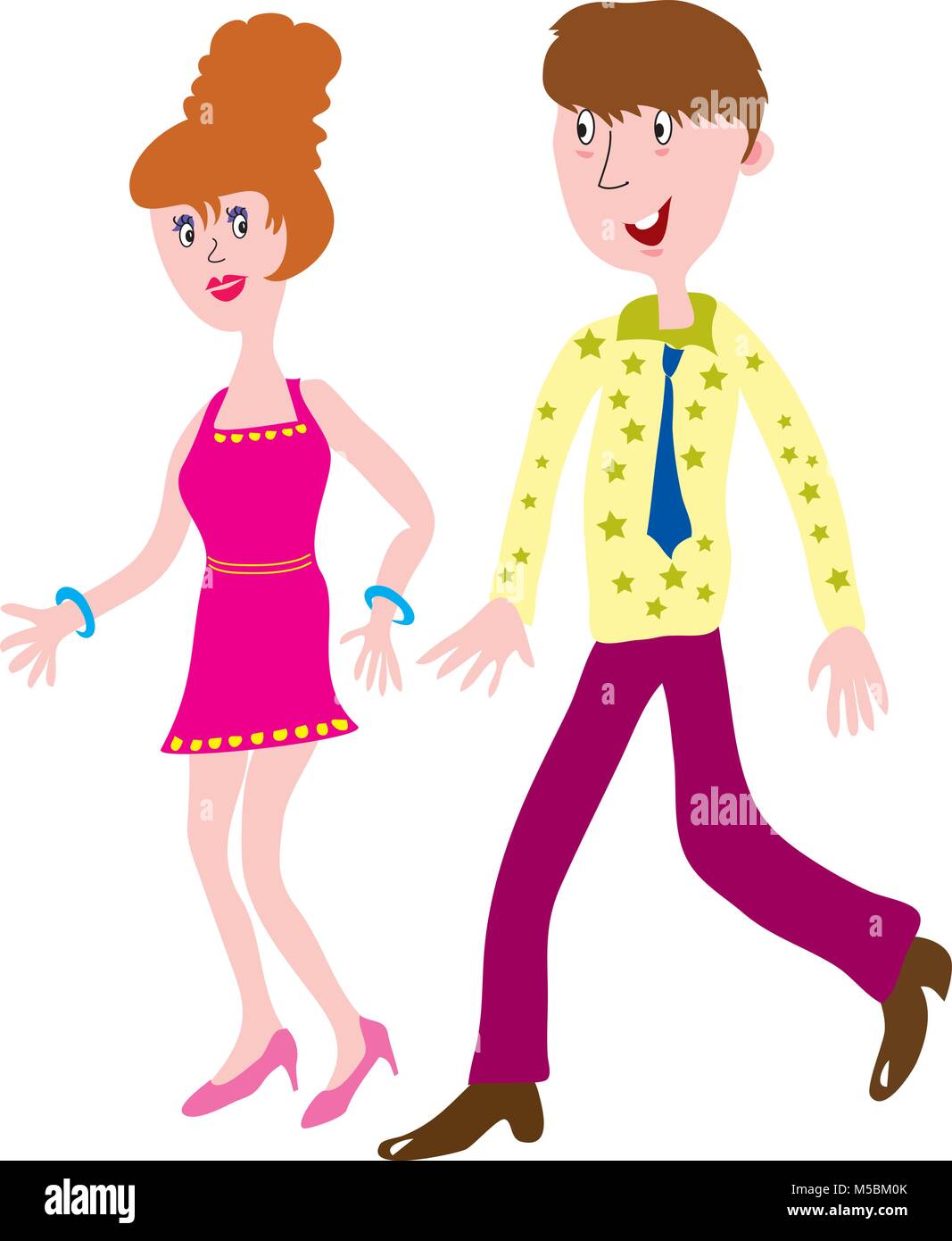 Couple dans le dessin animé des vêtements à la mode des années 60 Illustration de Vecteur