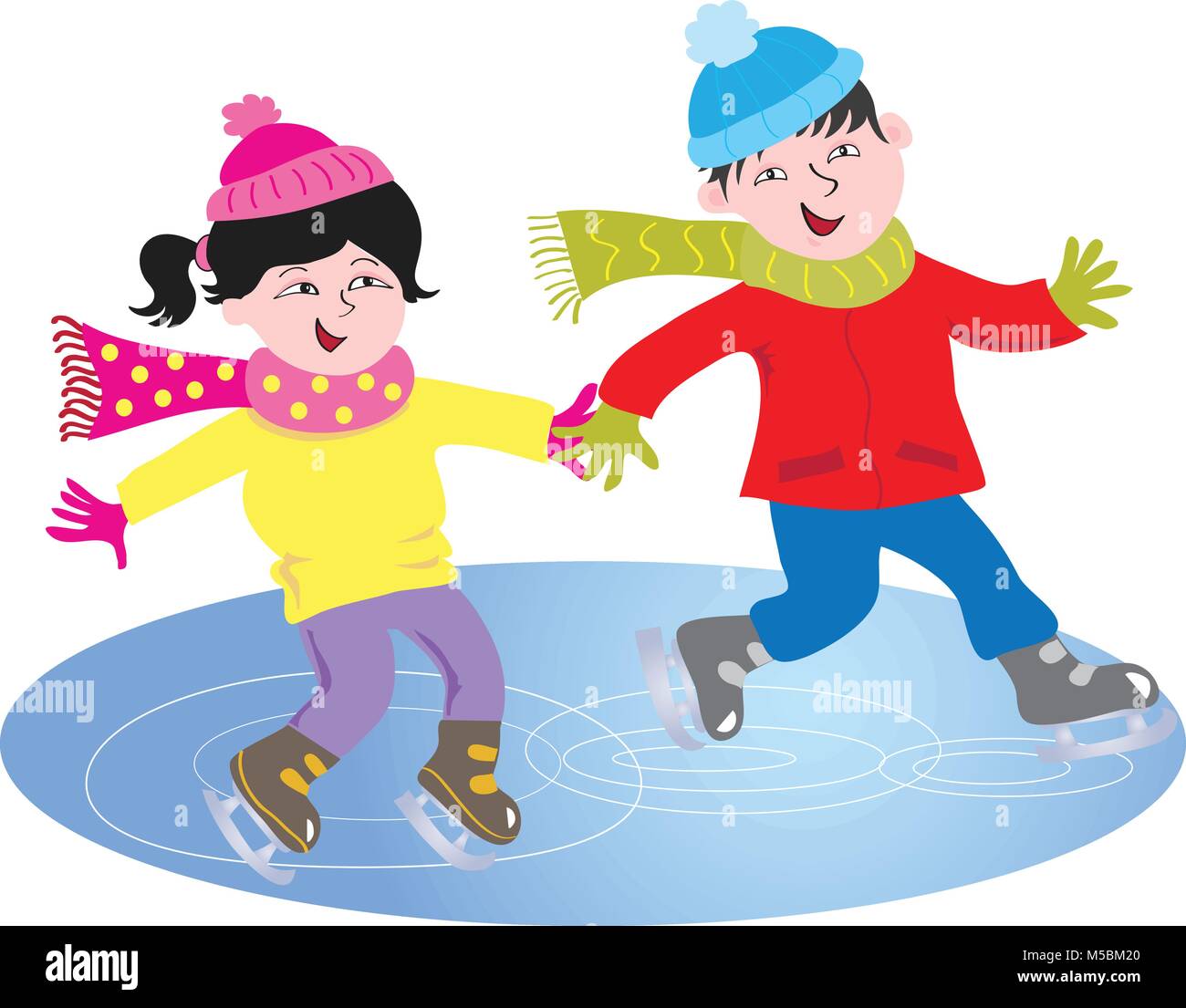 Deux enfants de dessin animé avec des traits asiatiques patinant sur un lac gelé Illustration de Vecteur