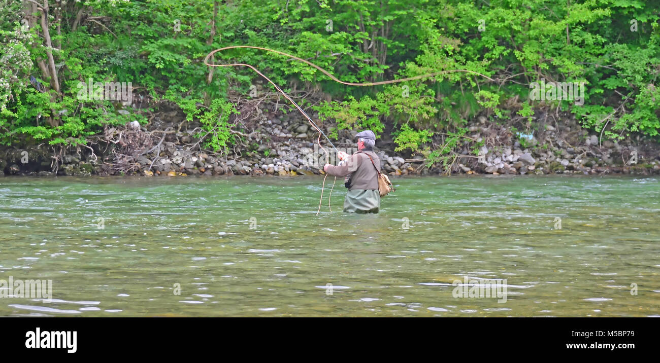 Un pêcheur à la mouche à gué en eau profonde jette une volée dans une rivière claire Banque D'Images