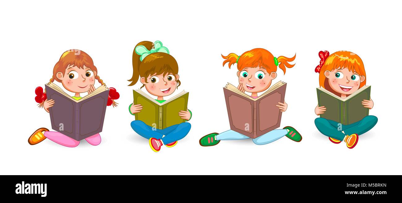 Petits enfants lire des livres intéressants. Les filles sont assis avec des livres dans leurs mains. Les filles avec des livres sur un fond blanc. Illustration de Vecteur