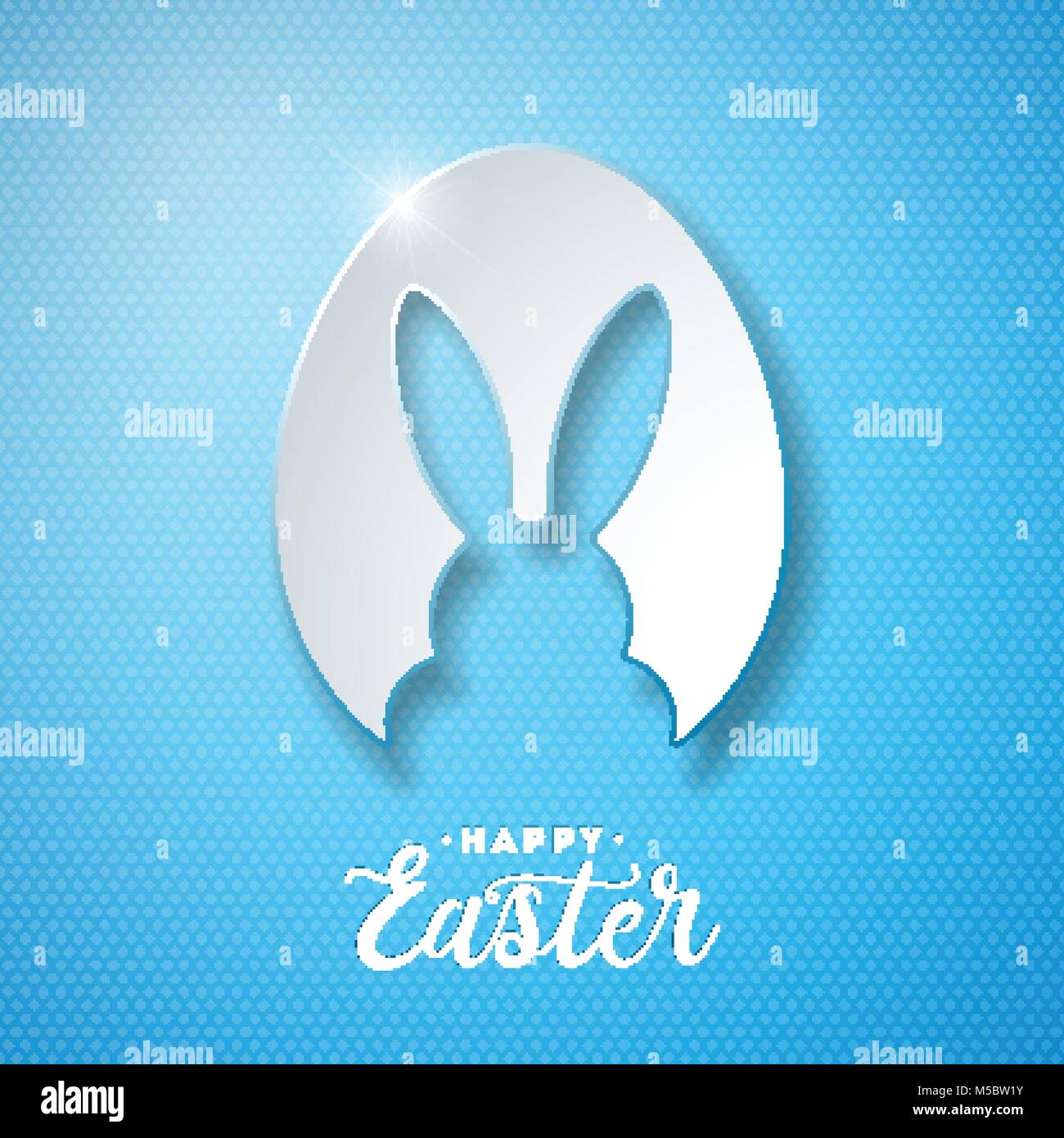 Vector Illustration de Joyeuses Pâques Vacances avec des oreilles de lapin à couper l'Œuf et typographie lettre sur fond bleu. Célébration internationale pour la conception de carte de Vœux, Invitation à une fête ou Bannière Promo. Illustration de Vecteur