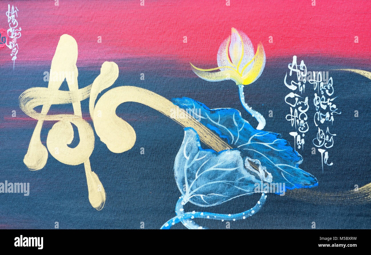 Nouvel An lunaire décoré de calligraphie avec texte 'Merit, fortune, la longévité en vietnamien des sens qui est propriétaire aura de la chance, la réussite et de vivre les pieds dans l'eau Banque D'Images